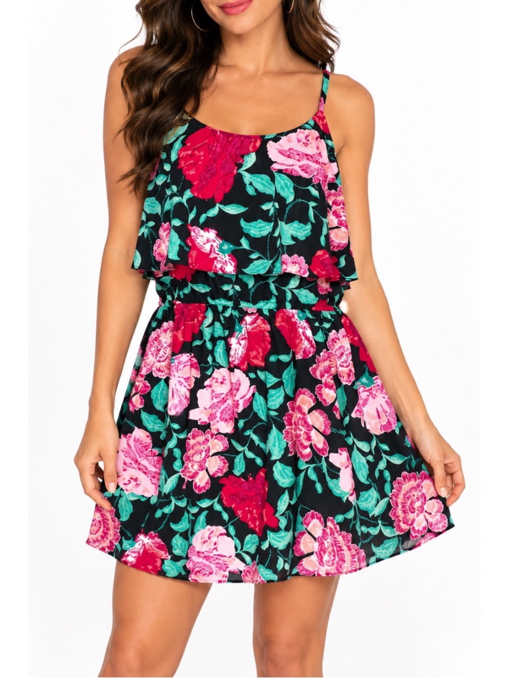 Elle black floral mini dress features a vibrant all-over print of pink flowers